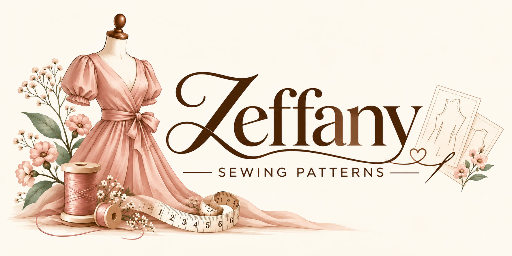 Zeffany Sewing Patterns: a dress form wearing a dusty rose V-neck dress, with thread spools, a tape measure, flowers and paper pattern pieces