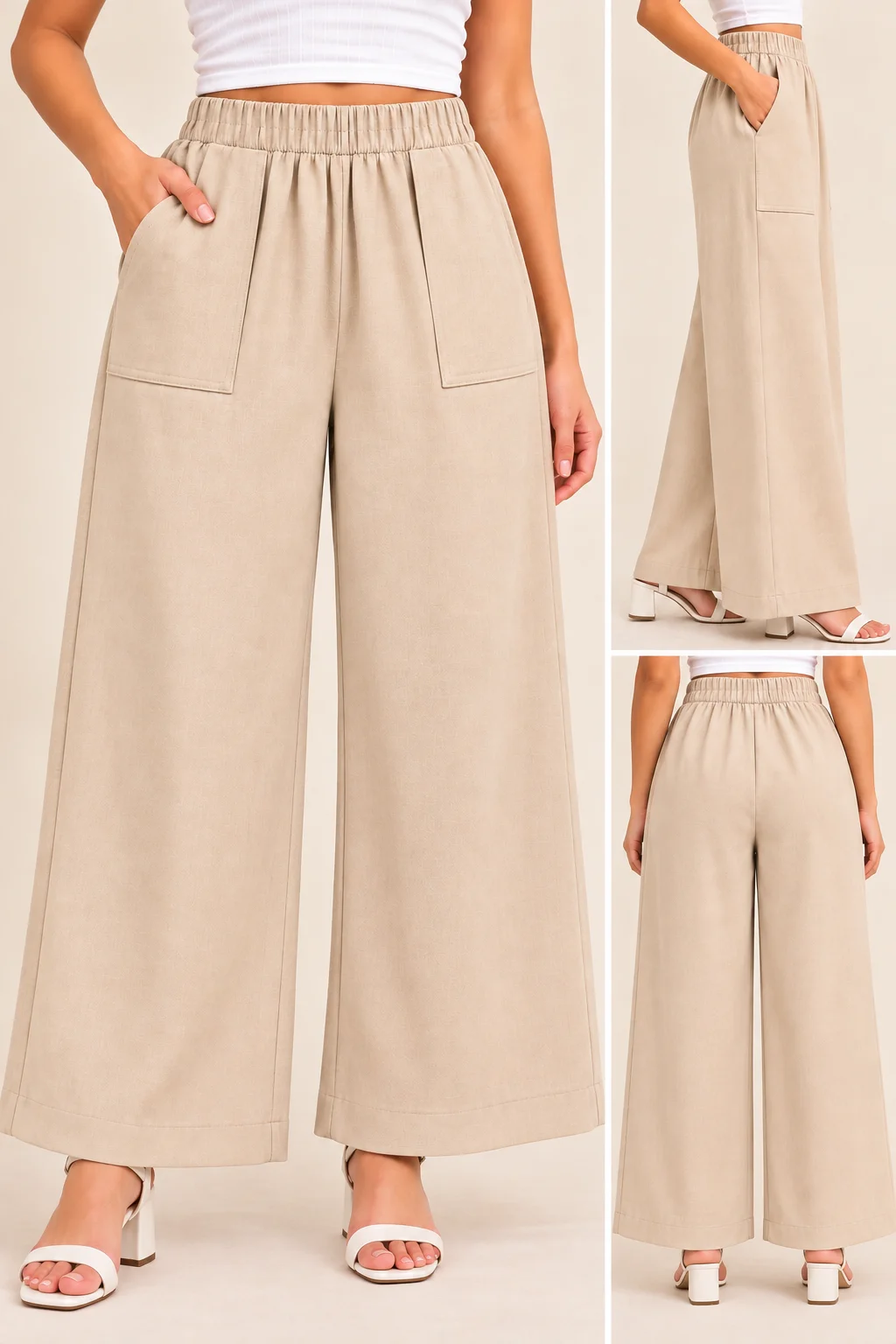 Luna Pants - beige wide-leg pants with an elastic waist and front patch pockets, front, side and back views